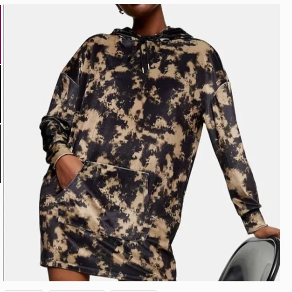Topshop Tie-Dye Hoodie Dress Black Tan Size US 2